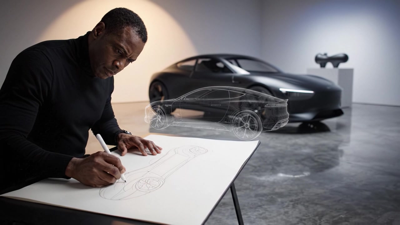 Diseñador innovador conceptualiza boceto de vehículo futurista con tecnología avanzada en un estudio, fusionando creatividad e ingeniería automotriz.