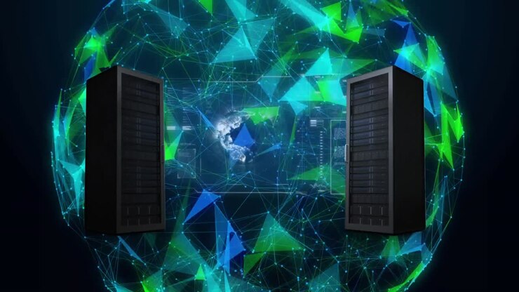 Two servers over globe of plexus networks against black background