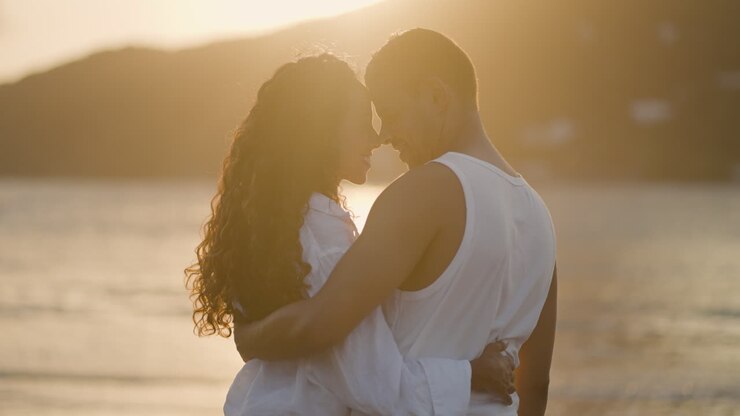 Couple romantique contemplant le coucher de soleil