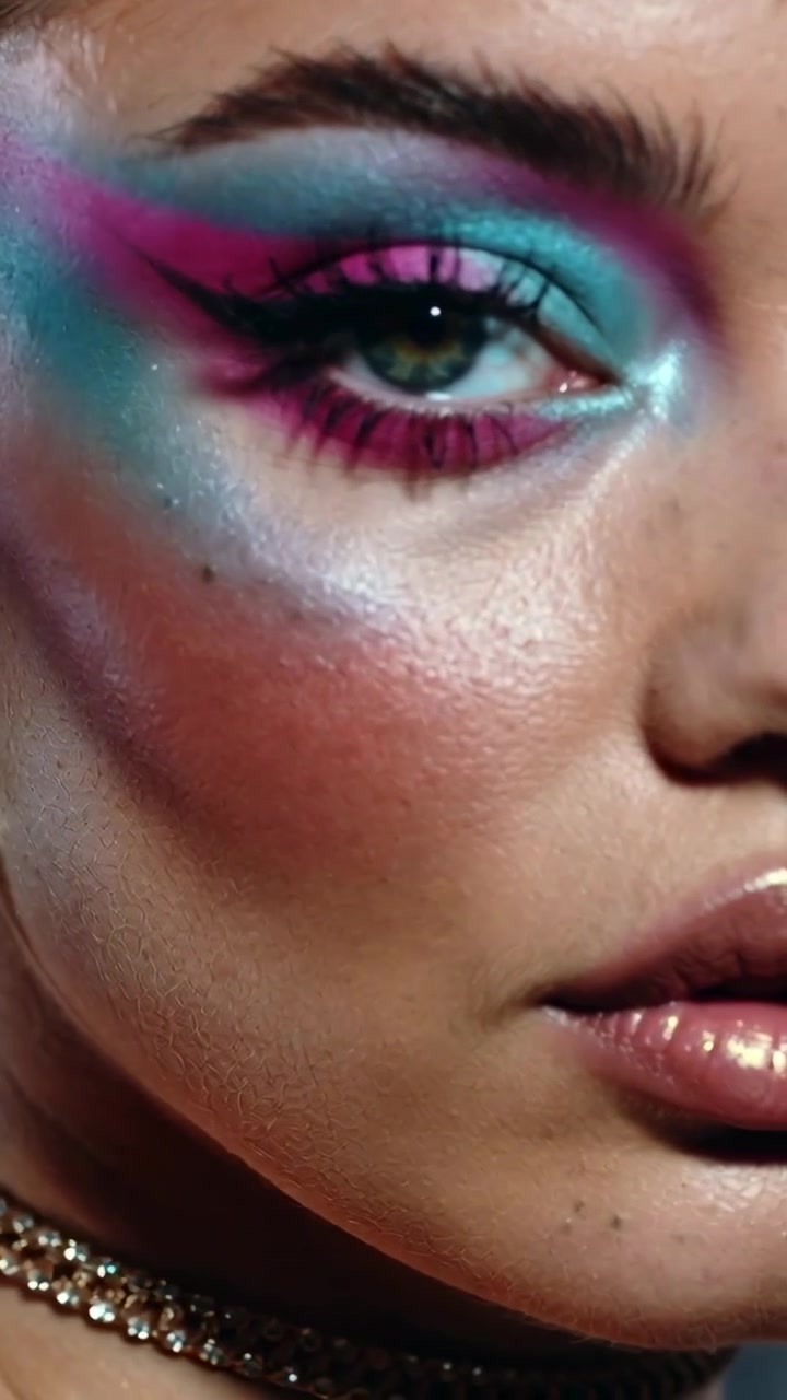 Vertical video: Camera rolling model opening eye tilting in studio showing turquoise-magenta makeup