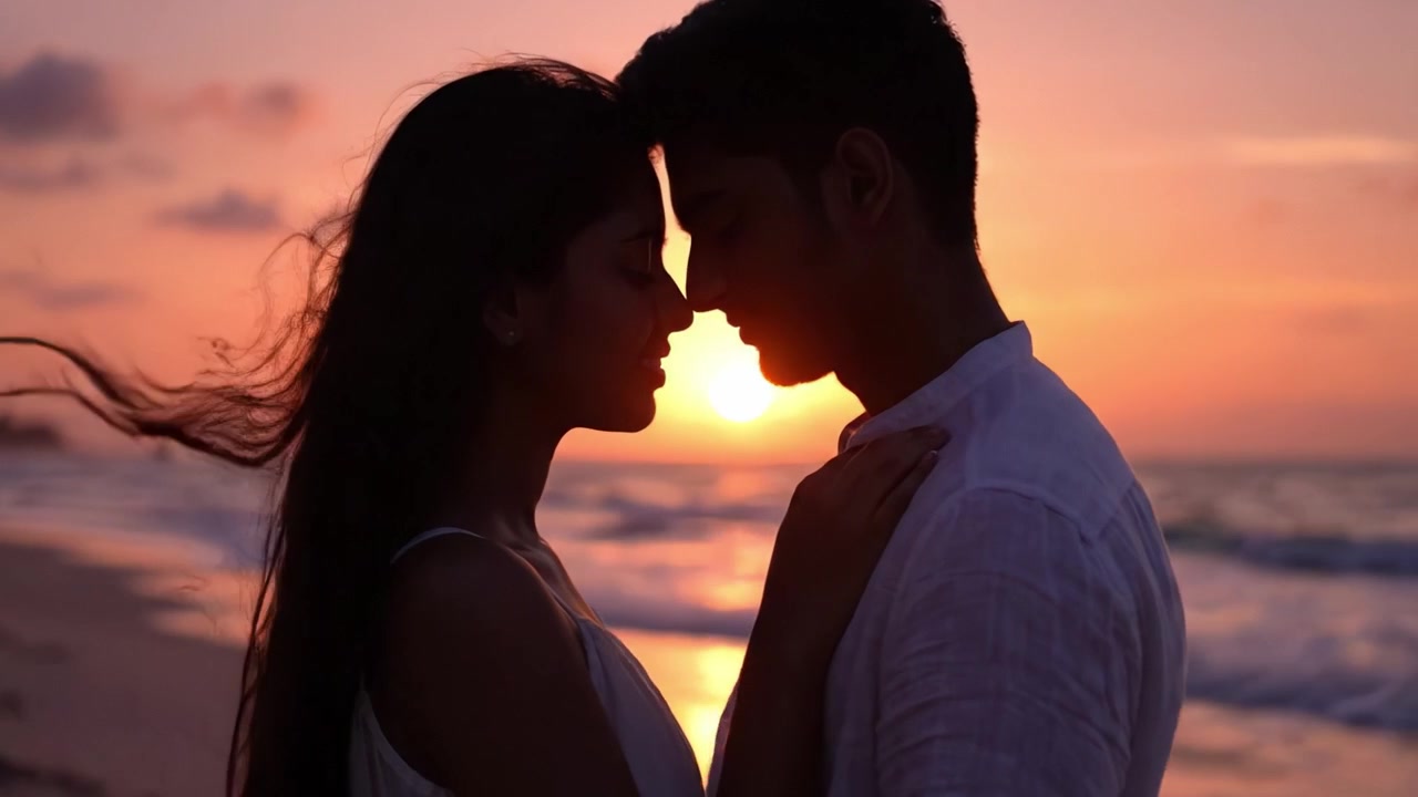 Pelukan Romantis Saat Matahari Terbenam: Mengabadikan Kedekatan Intim antara Dua Kekasih di Pantai Saat Senja, Dibingkai oleh Cahaya Hangat Matahari Terbenam