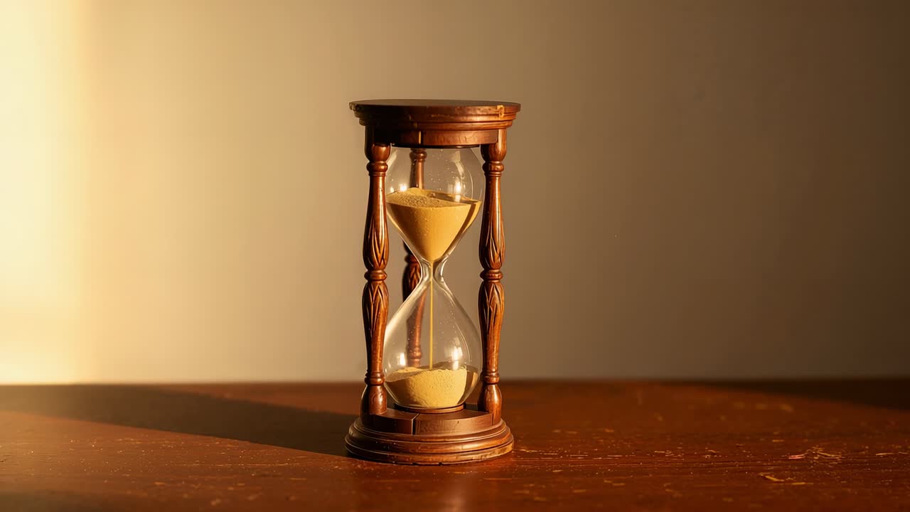 Trickling golden sand through antique hourglass on polished wooden table, marking passage of time
