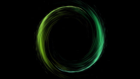 animation of glowing circle of green light trial with copy space on black background