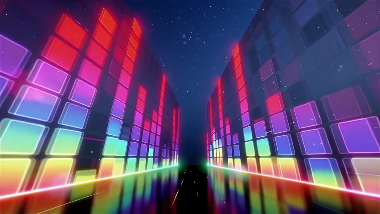 Fundo Futurista com Visualizador de Equalizador de Música Neon Arco-Íris.