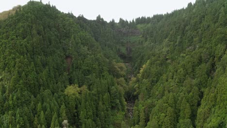 Aerial-over-Grená-Park:-A-scenic-oasis-with-Cascata-do-Grená,-Azores