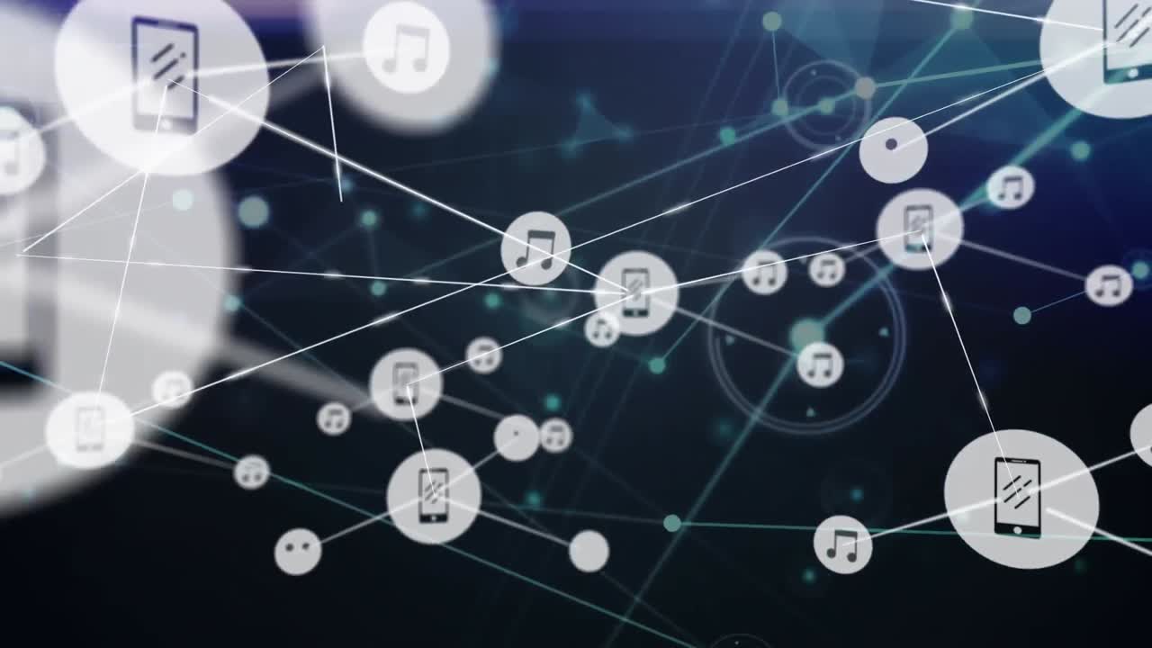 animación de la red de conexiones con iconos y procesamiento de datos