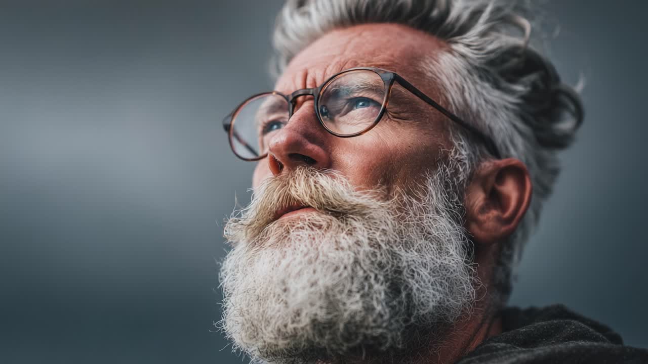 A contemplative elderly man gazes thoughtfully into the distance, his distinct white beard and hairstyle contrasting against a moody sky, evoking both wisdom and serenity