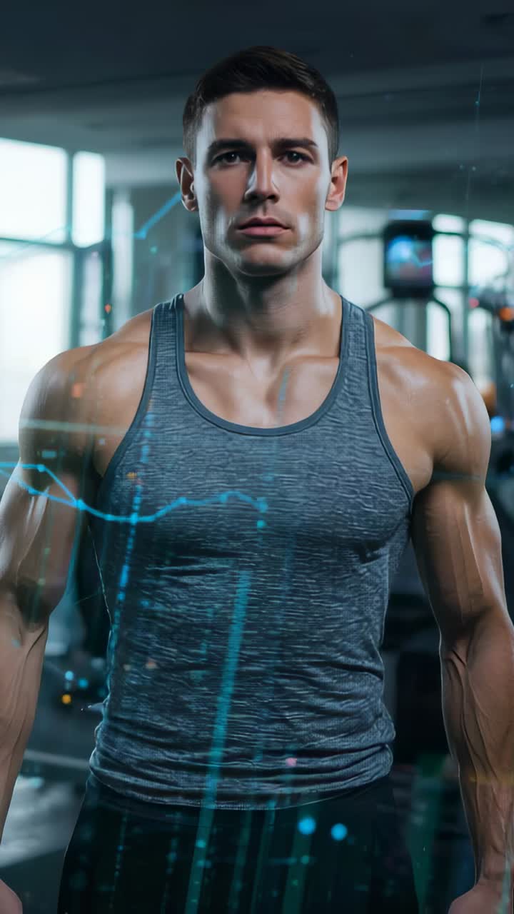 Vertical video: Standing fit male receiving biometric scan as holographic lines appearing in gym