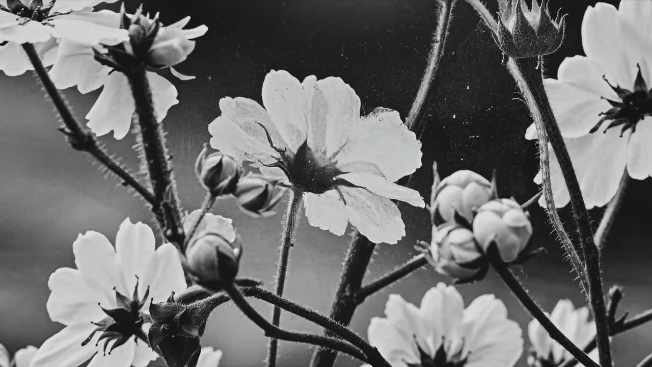 Black and white close-up of delicate flowers, captured from a low angle, creating a vintage video