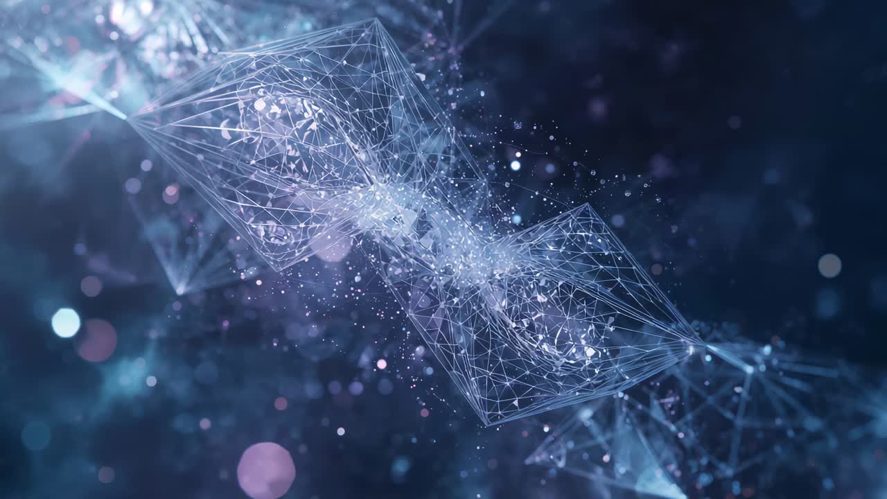 Nastro a rete mobile che emette particelle e frammenti dopo un bagliore centrale, per l'attivazione della rete in CGI