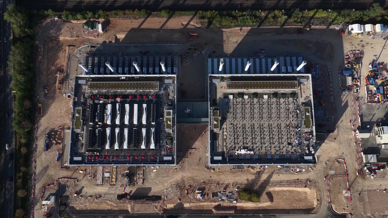 Aerial view of 180MW data center campus under construction in Hanau near Frankfurt, Germany, a major new AI, cloud and digital infrastructure developmen