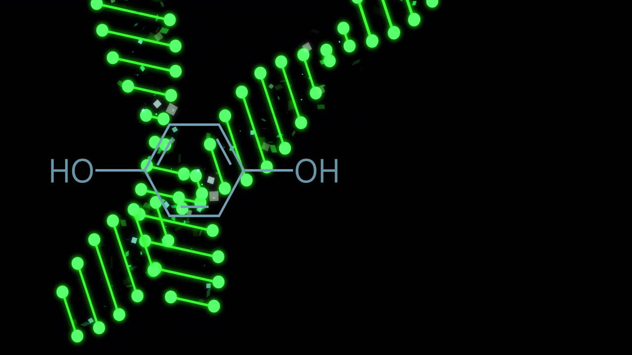 검은색 배경 위에 dna 줄무와 화학 구조 애니메이션
