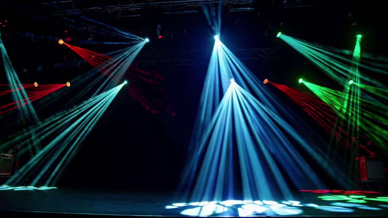 Dynamic stage lighting with red, blue, and green beams