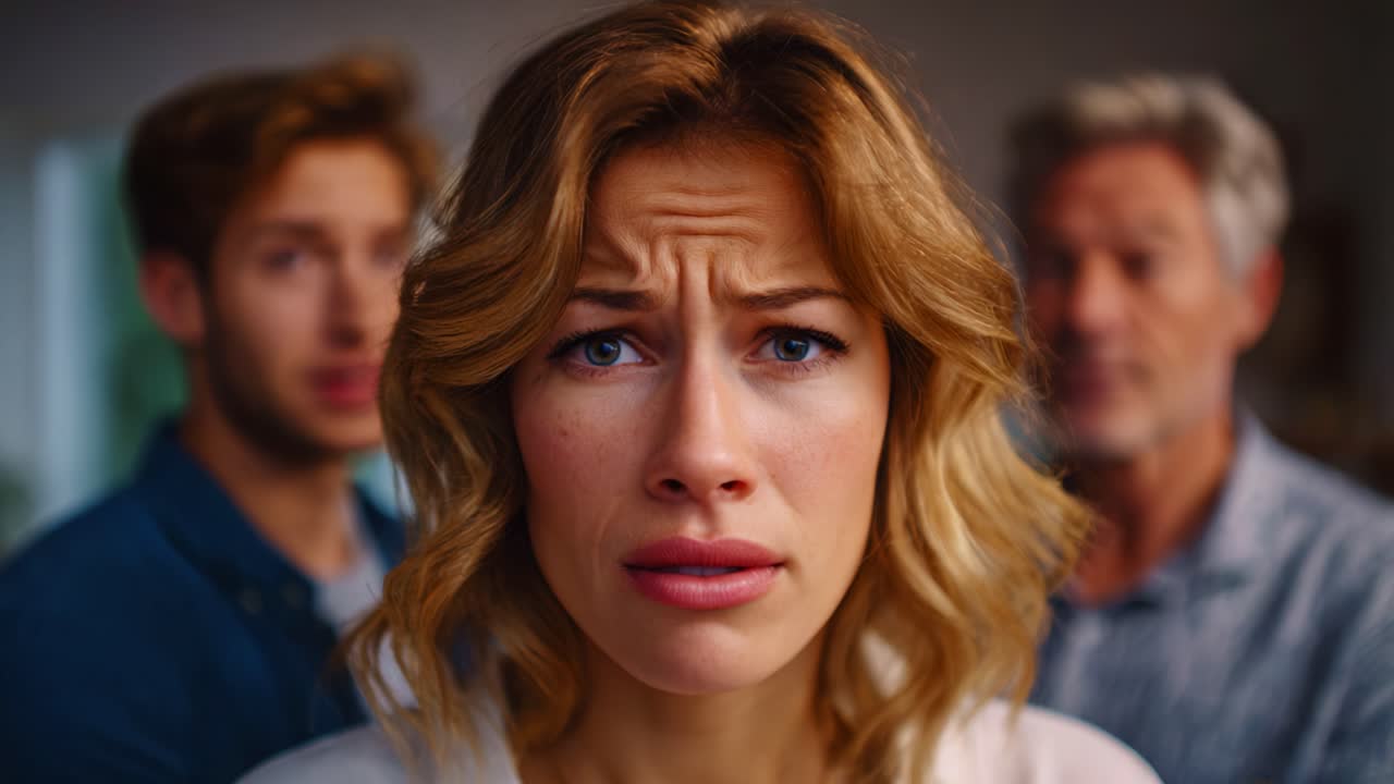 Amidst Tension: A Young Woman's Distress Between Two Men Highlighting Emotional Conflict and Unresolved Issues in a Surreal Interaction