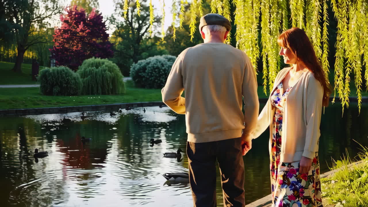 una pareja caminando de la mano en un parque al atardecer