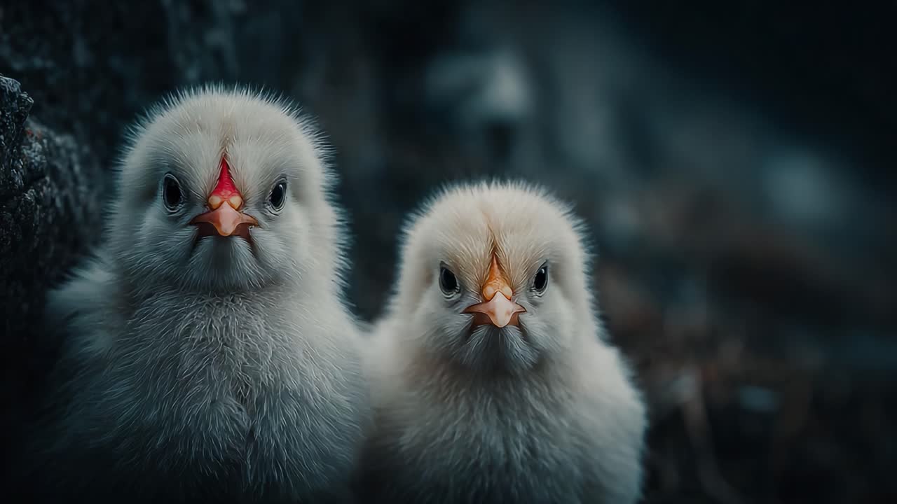 Et hjertevarmende øyeblikk som viser to bedårende kyllinger som nysgjerrig observerer omgivelsene sine i naturlige omgivelser, fanget i fantastiske detaljer