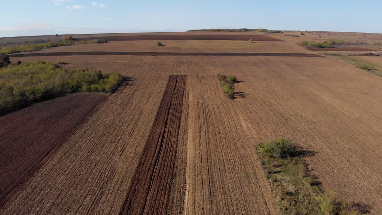 Luftaufnahme über braunen Herbstfeldern an einem sonnigen Herbsttag – Drohnenflug.