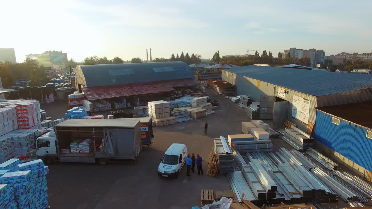 Distribution center from outside. Drone view of the industrial logistic zone