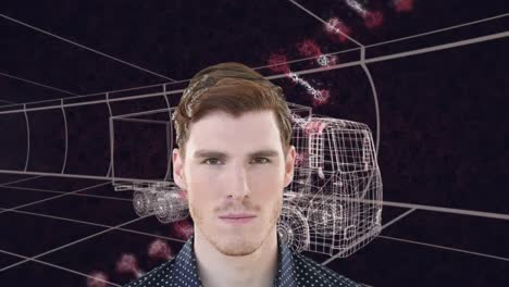 animation of caucasian man over dna strand 3d drawing model of lorry and grid