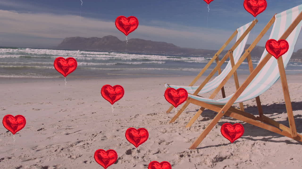 Floating red heart balloons over deck chairs on beach with animation elements