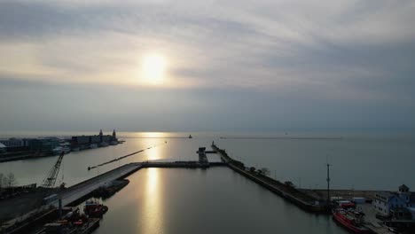 Aerial-Boat-Harbor-Heavy-Overcast-Cloudy-Morning-Sunrise