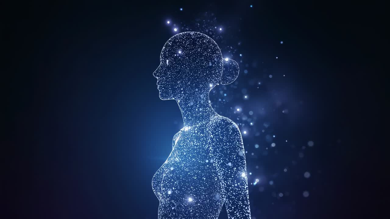 Figura di particelle luminose che intensificano la luce interna ed emettono una scia per raggiungere la massima luminosità nel vuoto blu