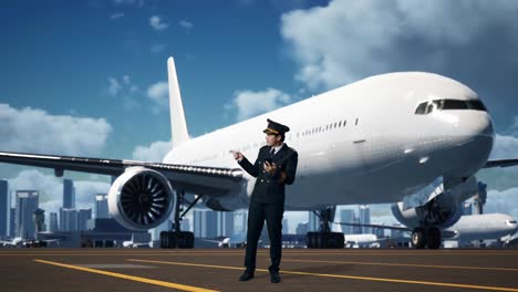 cuerpo lleno de piloto de hombre asiático usando teléfono inteligente y apuntando a un lado mientras está de pie en el aeródromo con el avión en el fondo