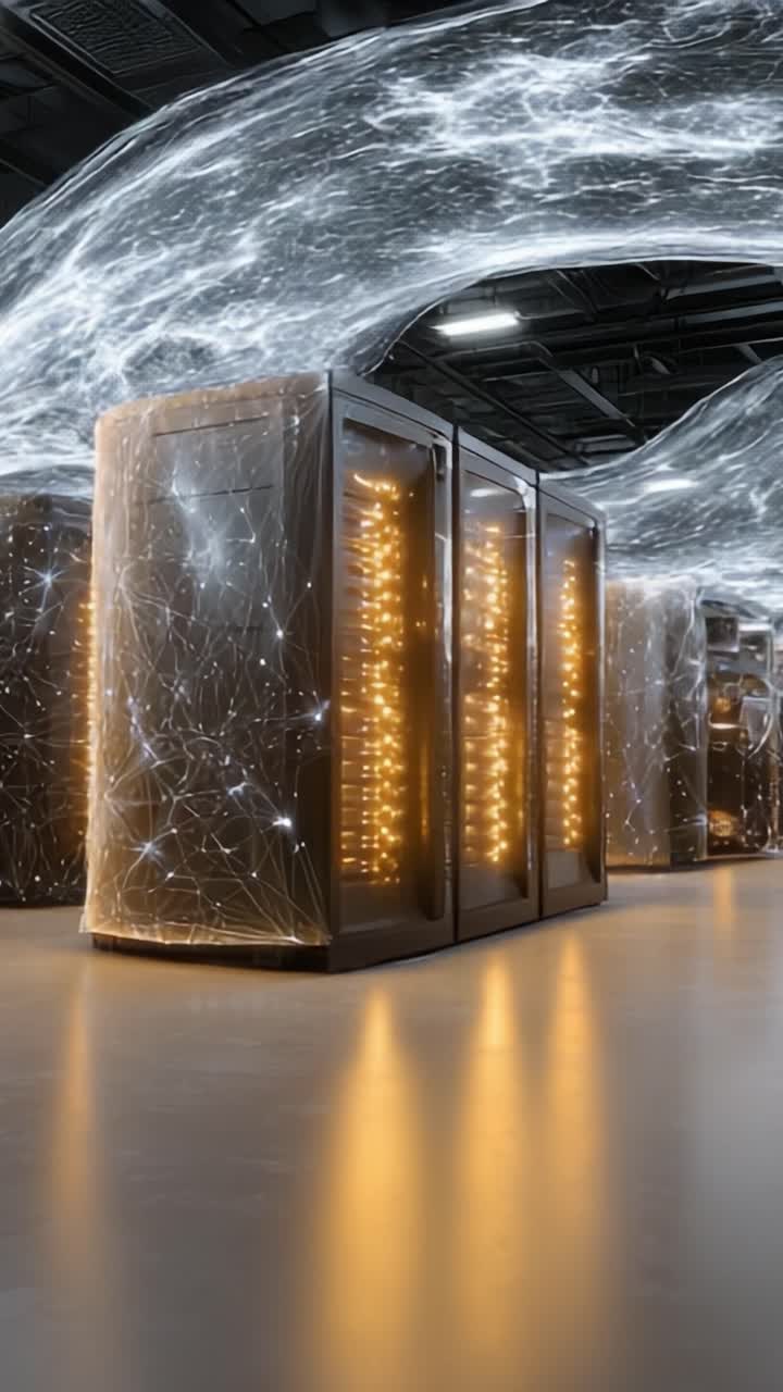 Et moderne datacenter med futuristisk netværksforbindelse, der oplyser serverracks gennem innovative visuelle effekter og avancerede teknologimønstre.
