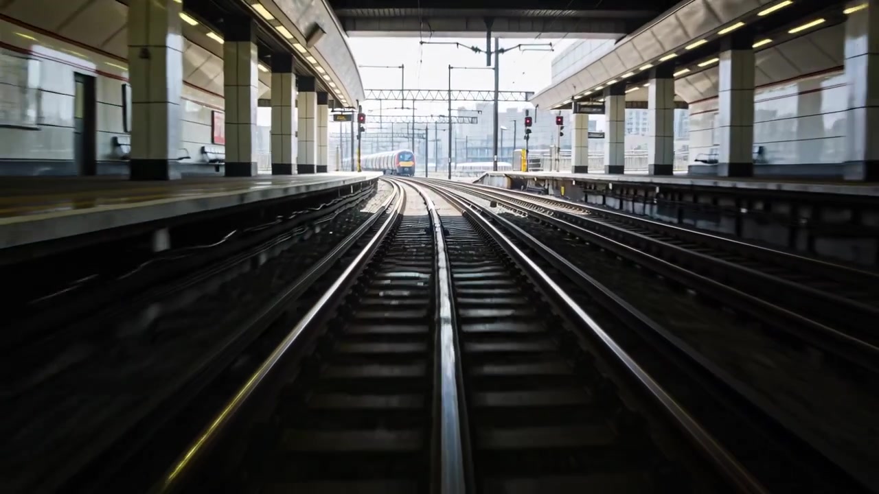 Telecamera di bordo in movimento, attivata dalla partenza del treno, che riprende i binari centrali in una stazione coperta.