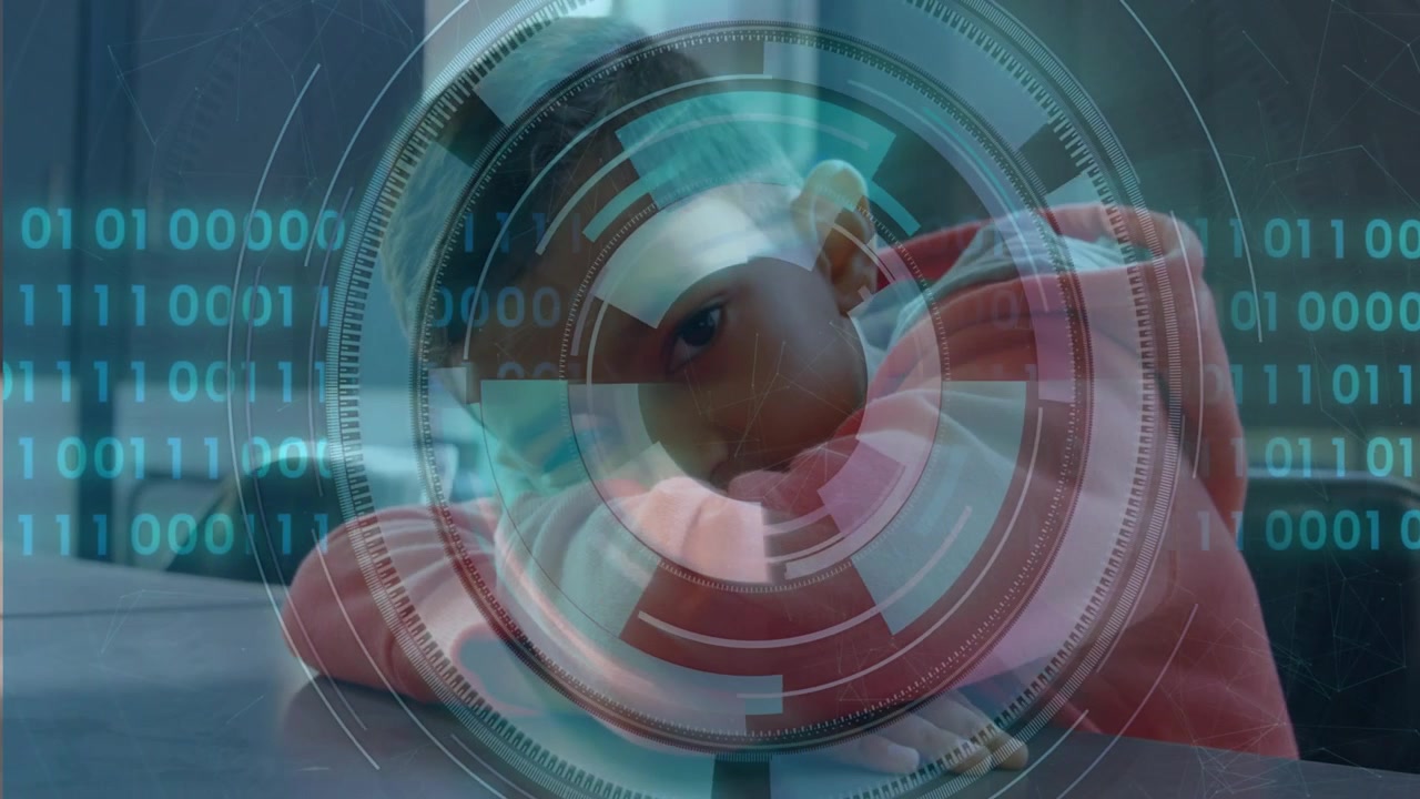 Boy lifting head and reacting as circular HUD appearing over face with binary stream for education