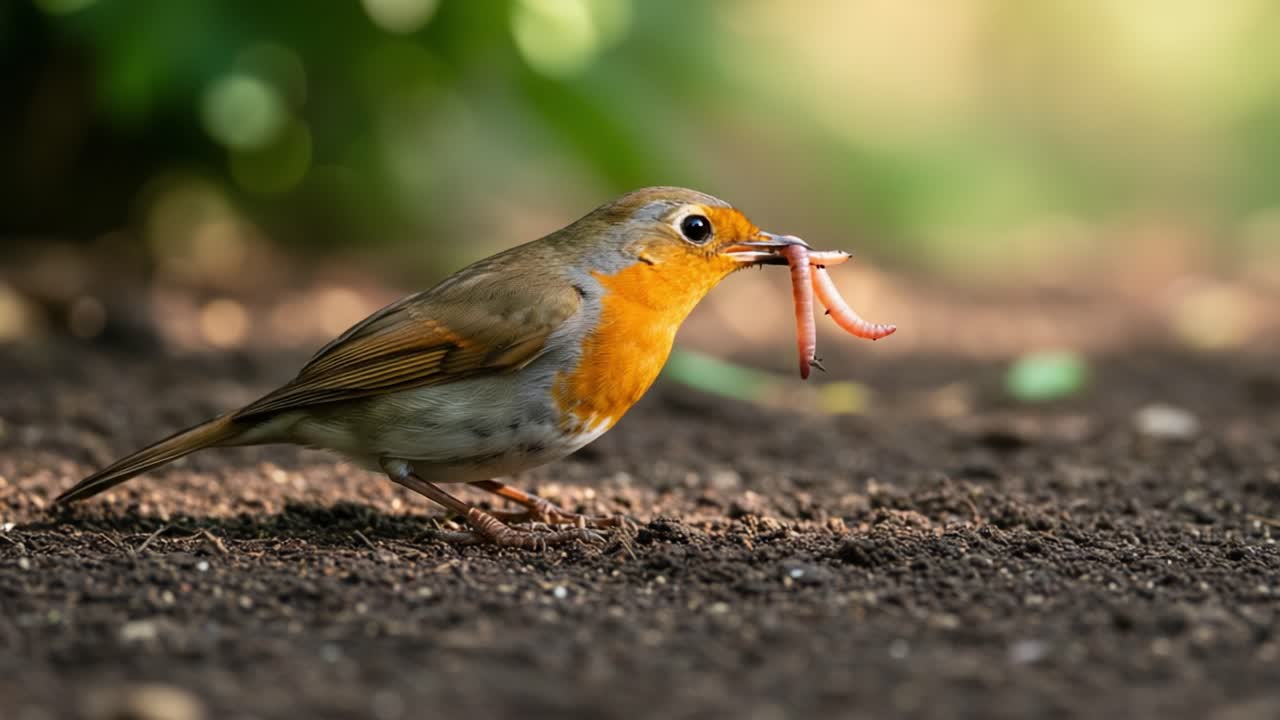 A Vibrant Bird foraging on the ground, proudly holding multiple worms in its beak, showcasing its hunting skills amidst soft, blurred natural foliage
