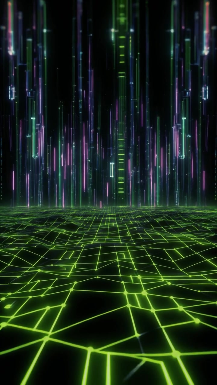 Abstract Digital Grid with Glowing Vertical Data Streams