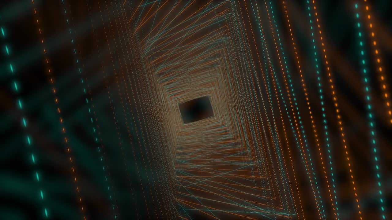 túnel de marco abstracto con rectángulos de líneas punteadas de colores en zoom en movimiento sobre fondo negro.