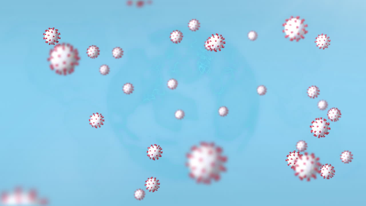 警告標識の上に落下するcovid-19細胞のアニメーション