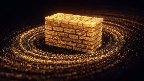 a captivating showcase of a sparkling gold block surrounded by glimmering dust swirls, illuminating the scene with a mesmerizing display of light and texture