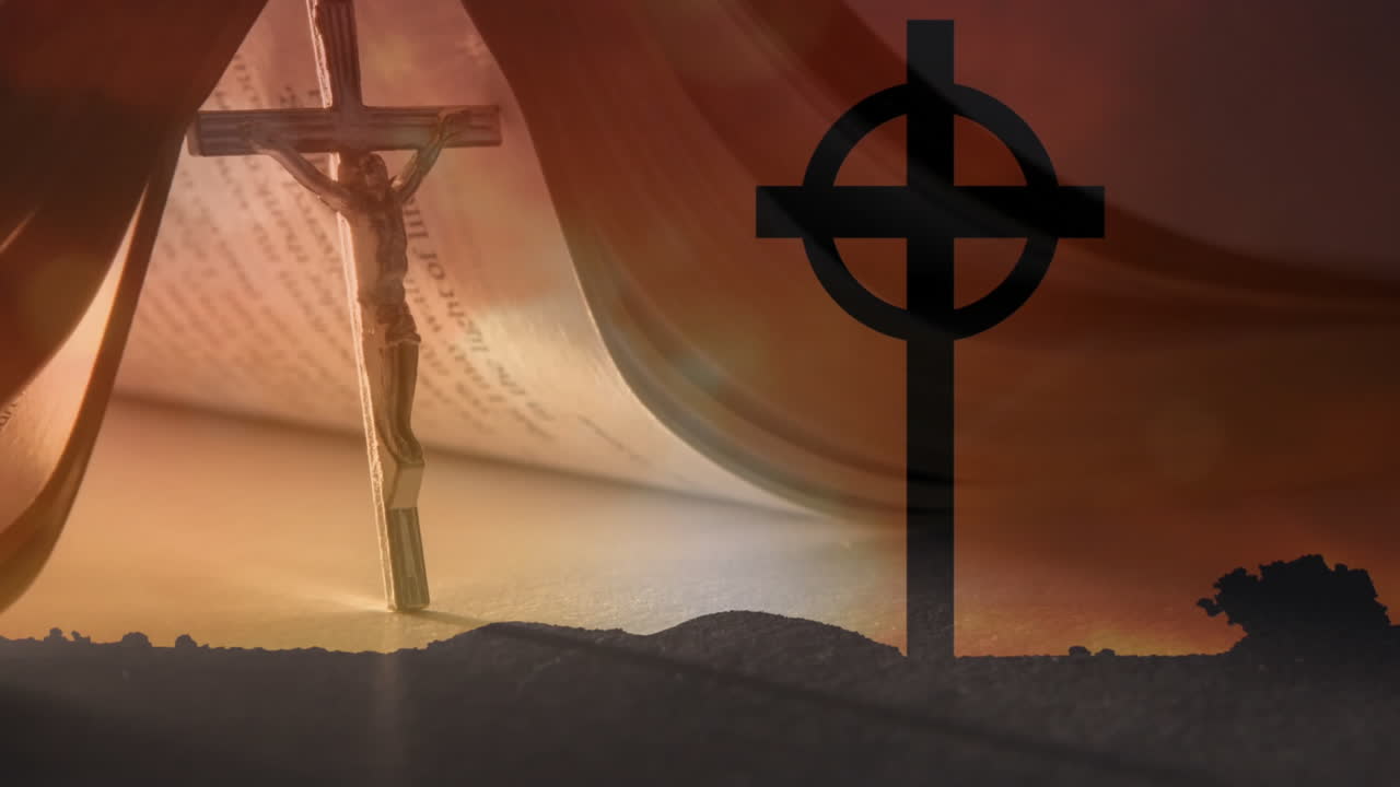 구름을 배경으로 풍경 위에 기독교 십자가의 애니메이션