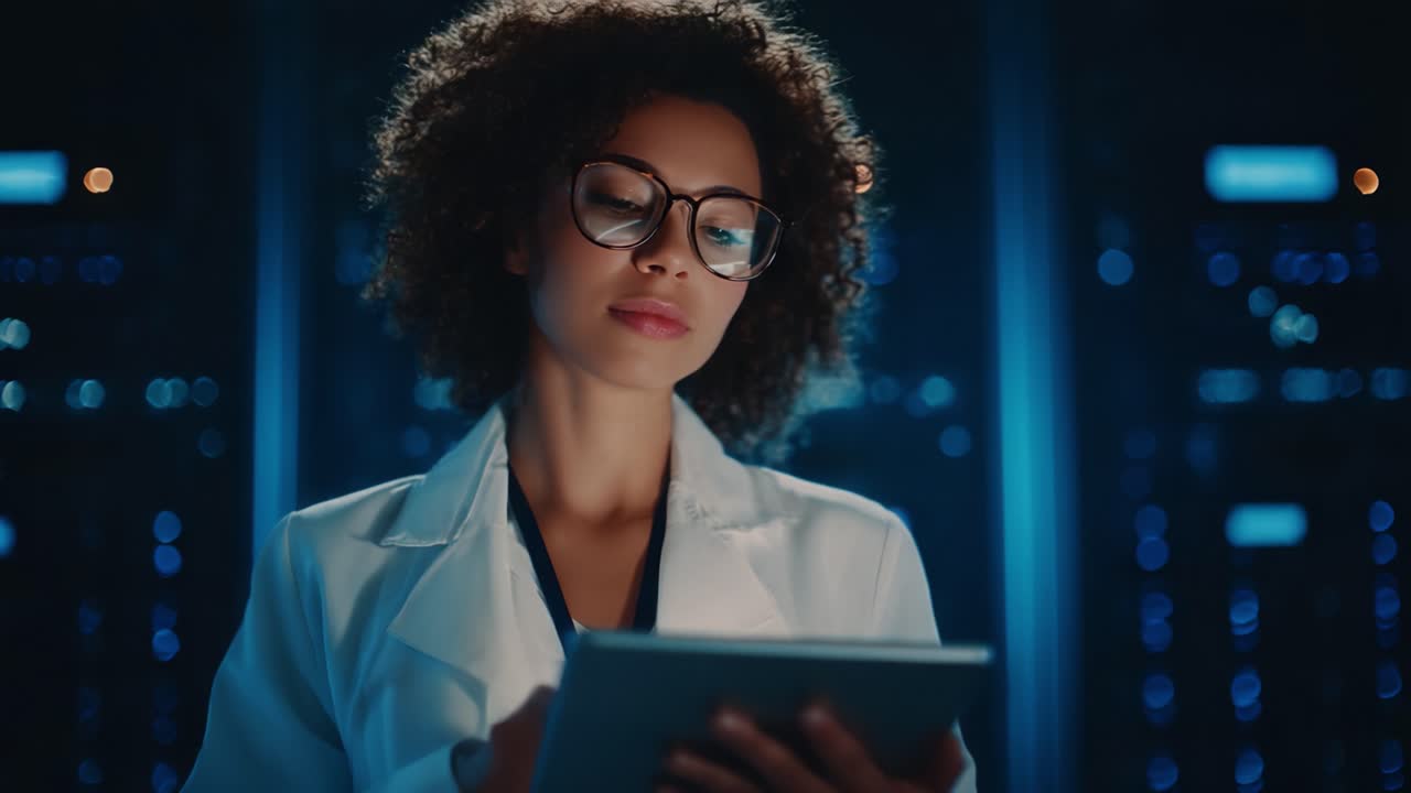 Fokuseret kvindelig forsker analyserer data på tablet i et højteknologisk serverrum oplyst af blåt lys, hvilket viser hendes ekspertise og innovation inden for teknologi