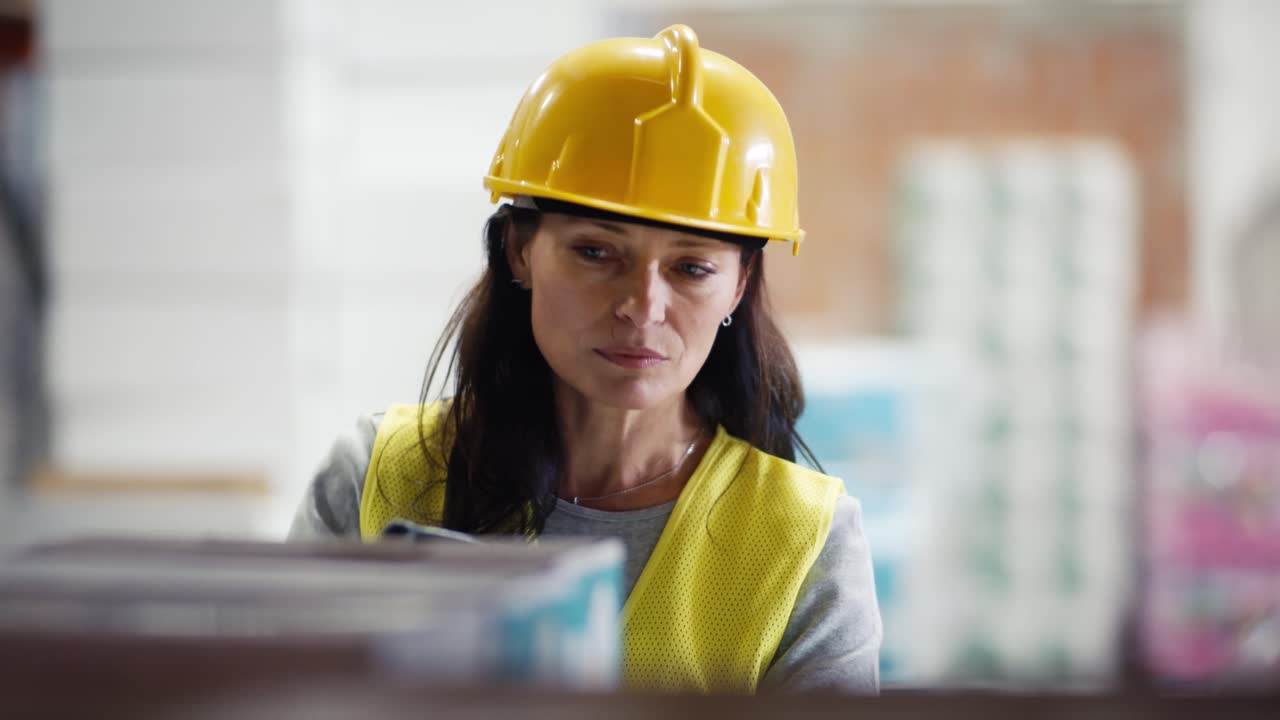 mujer caucásica adulta que trabaja en un almacén.