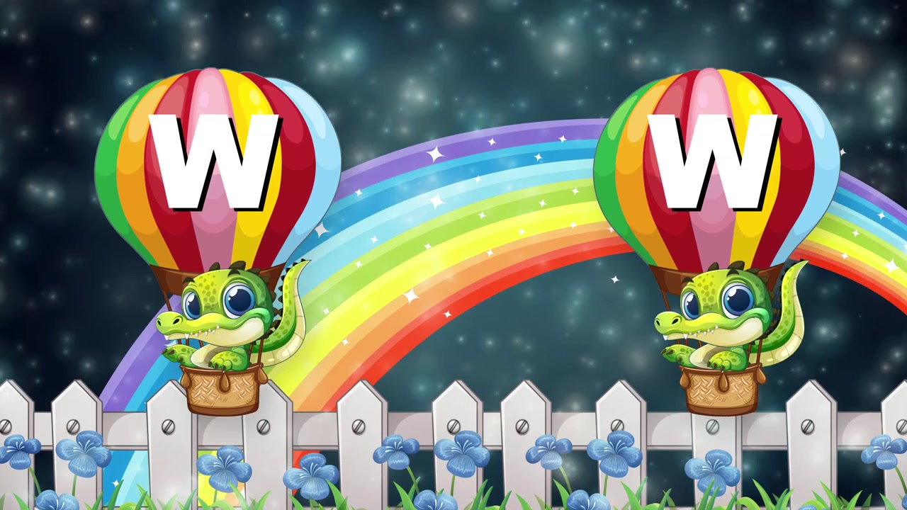 Animated green crocodile floats in colorful hot air balloons across a starry night sky rainbow.