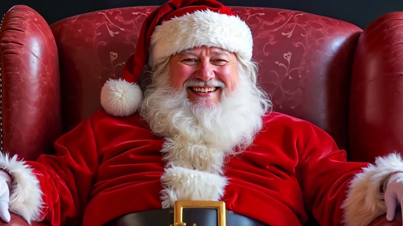 빨간 의자 에 앉아 있는 산타클로스 로 옷 을 입은 남자