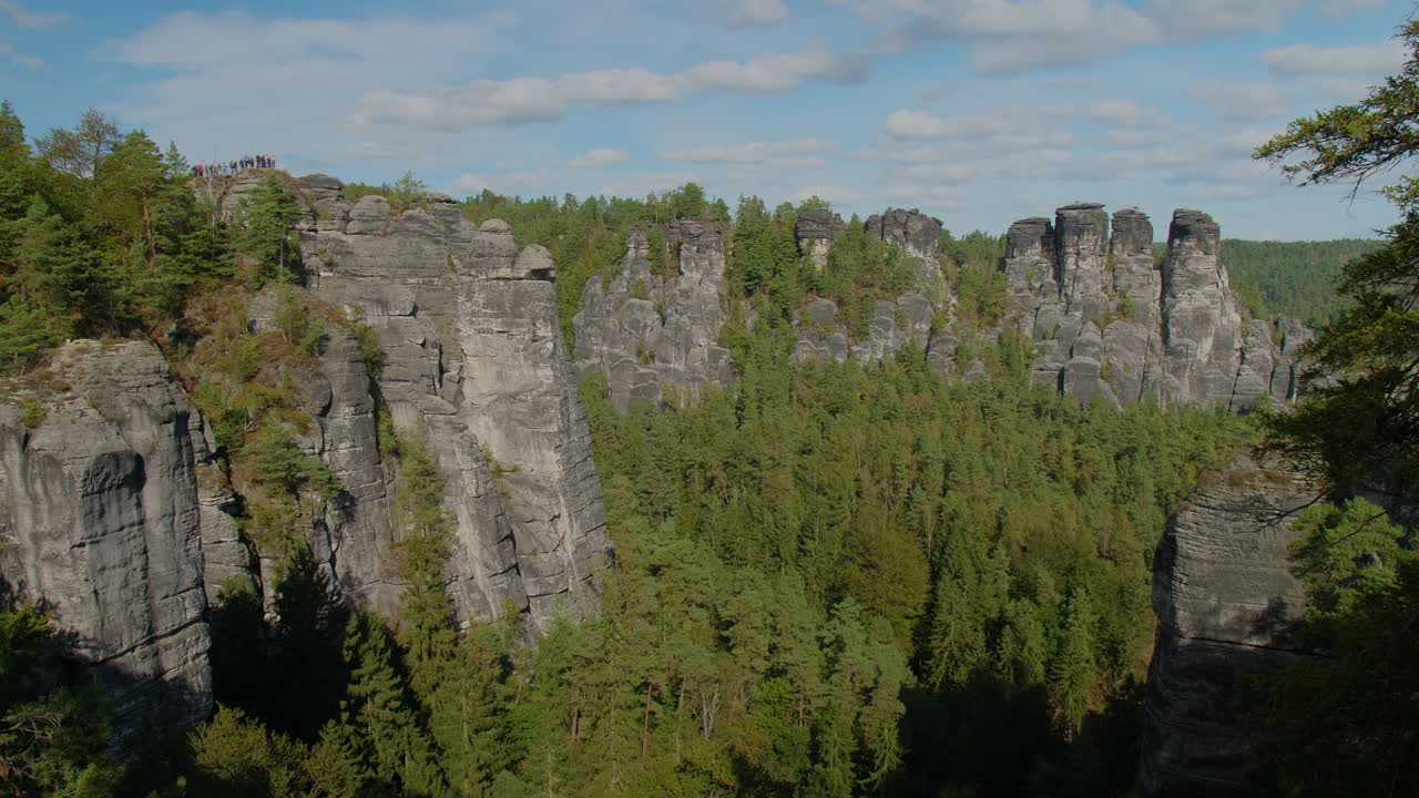 S andstone formations Elbsandsteingebirge Sachsen Elbe rising above dense green forests Mountains, under a blue sky with scattered clouds, showcasing the region’s natural beauty and rugged Terrain