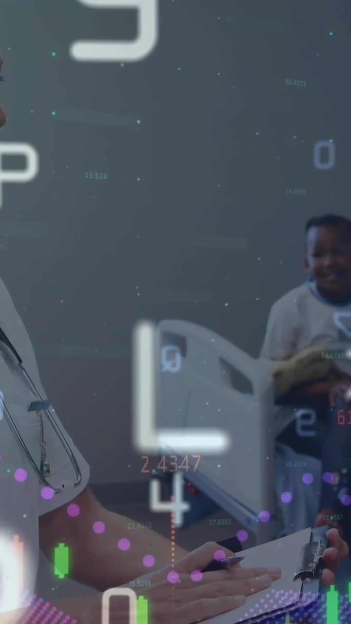 Animation of numbers and letters processing over caucasian female doctor with boy patient
