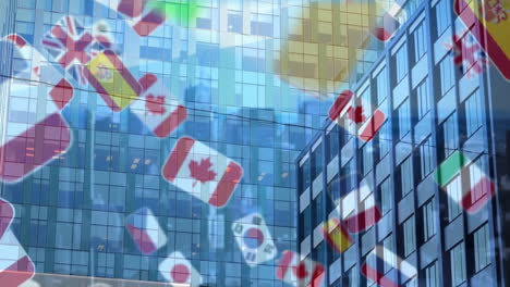 flags of various countries animation over modern glass office buildings