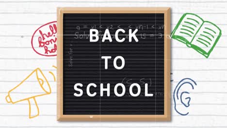 texto de regreso a la escuela en pizarra de madera contra múltiples iconos de concepto escolar sobre papel de línea blanca