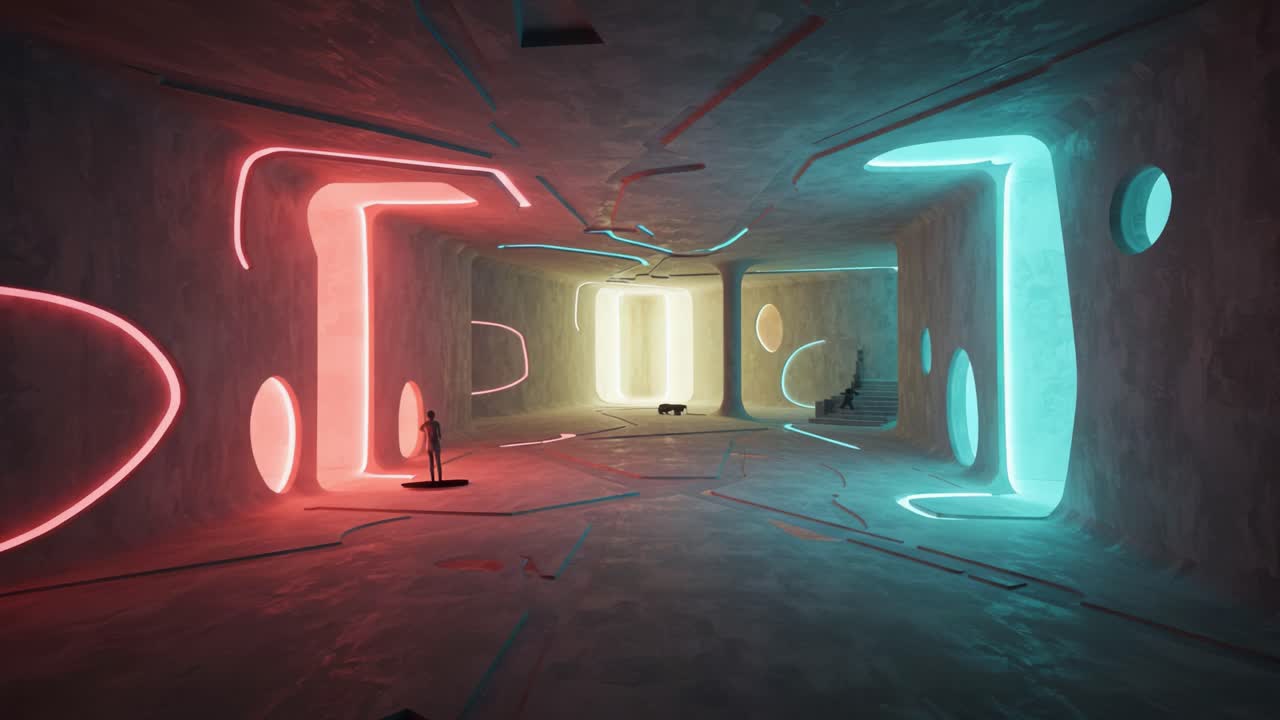 A Mesmerizing Abstract Space with Illuminated Walls Featuring Colorful Neon Light Patterns and Unique Sculptural Elements in a Surreal Environment