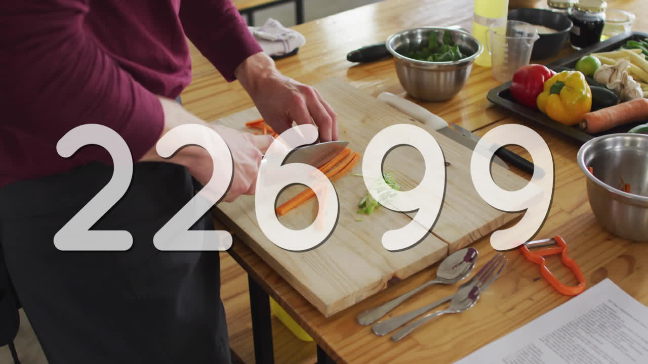 Slicing vegetables on cutting board, person creating animation with large numbers