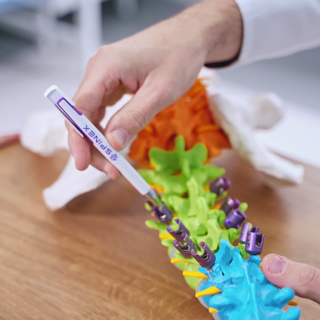 Plastic model of human vertebrae. Doctor tells about work of spine on a colorful model. Male's hands pointing on bones on anatomical model on the table. Close-up.