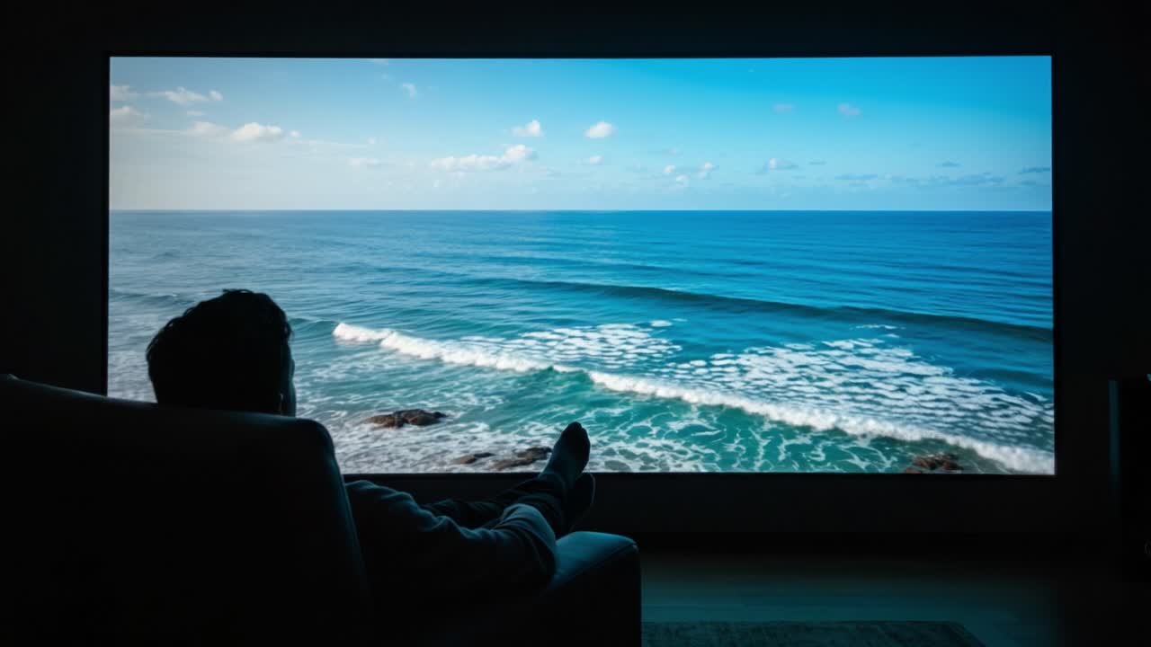 A Tranquil Home Escape: Enjoying the Serene Ocean View from the Comfort of a Cozy Living Room with a Majestic Coastal Scene on Display