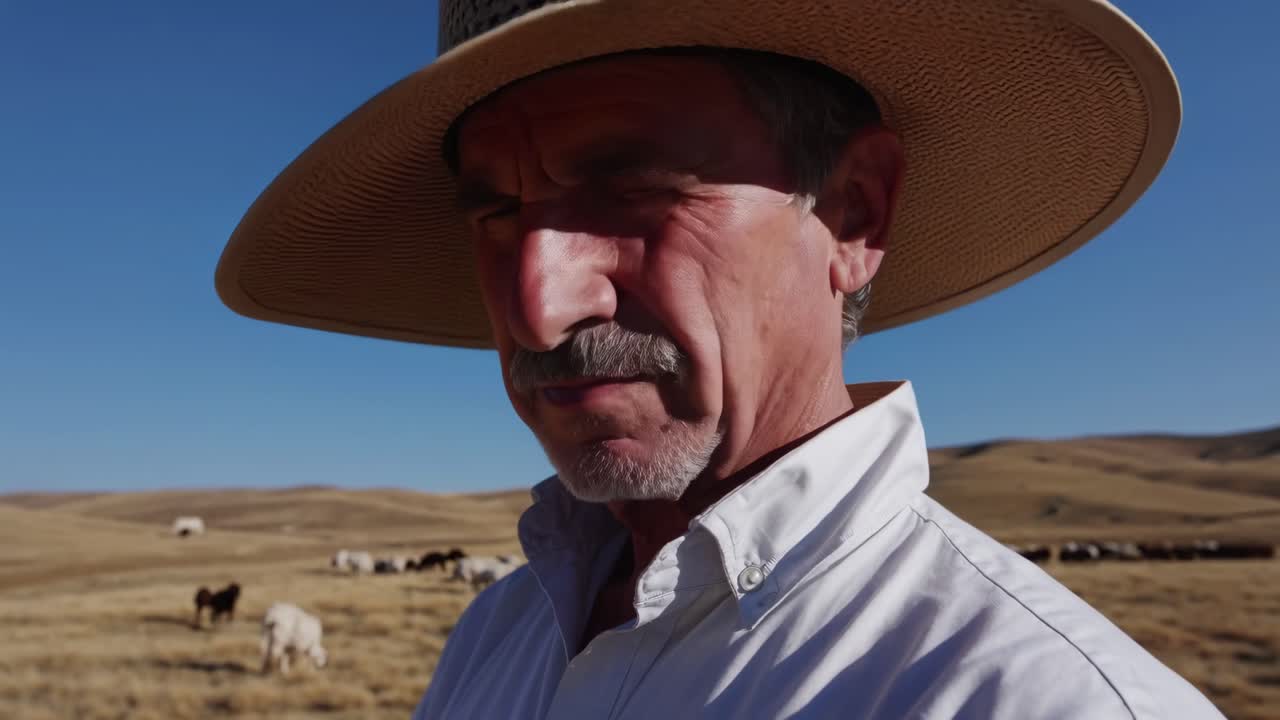 Senior rancher wearing straw hat observing livestock grazing in a vast, dry landscape, representing traditional farming and livestock management in arid regions