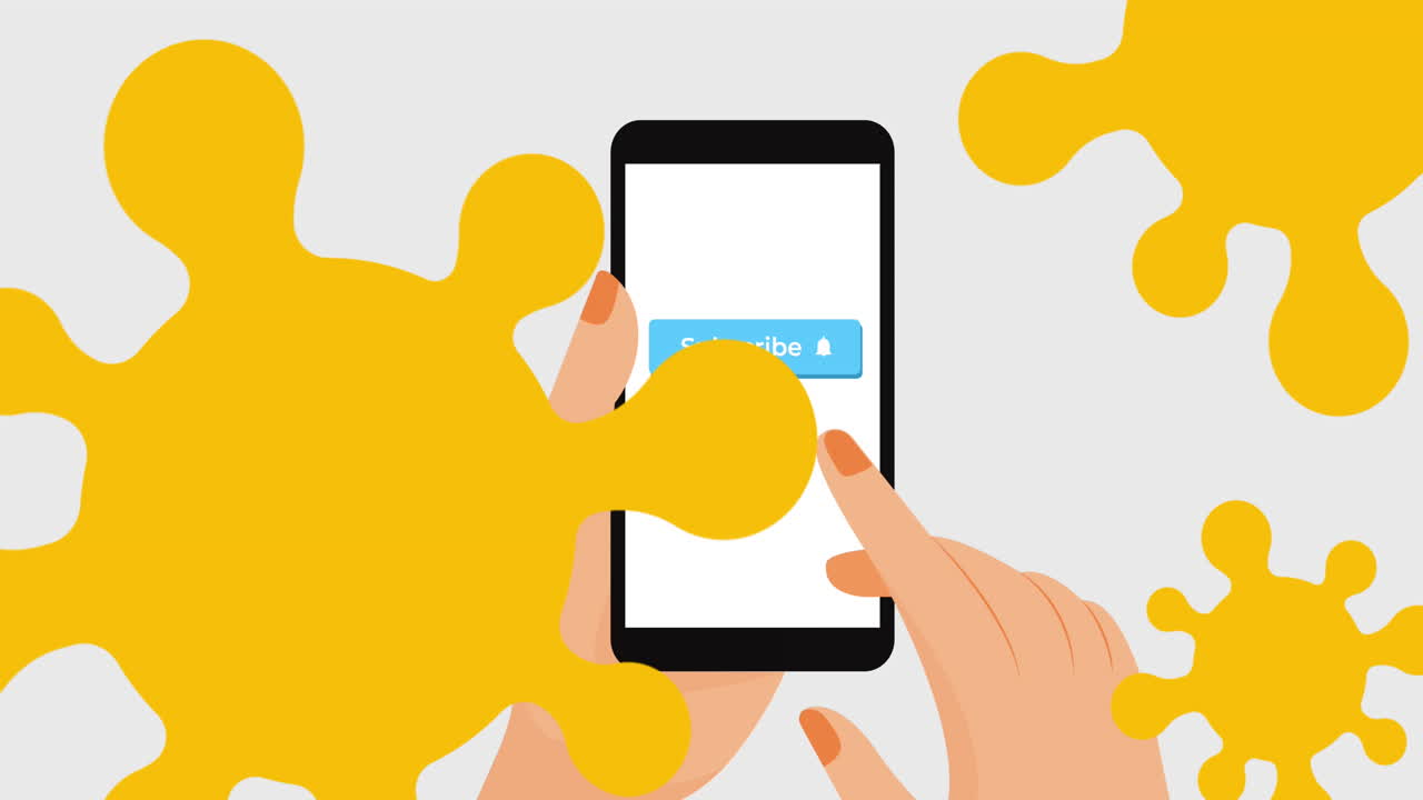 푸른 배경에 스마트폰을 사용하여 손 위에 떠다니는 코로나 19 세포의 디지털 애니메이션